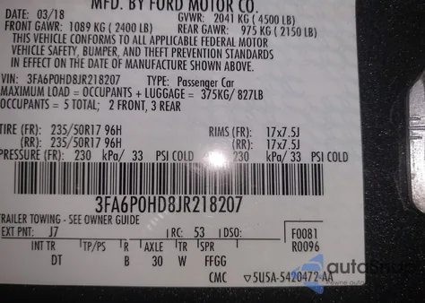 2018 Ford Fusion Se from USA, damaged, VIN 3FA6P0HD8JR218207